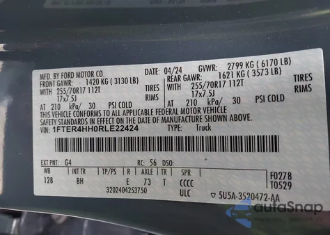 2024 Ford Ranger Xlt z USA, uszkodzony, nr VIN 1FTER4HH0RLE22424